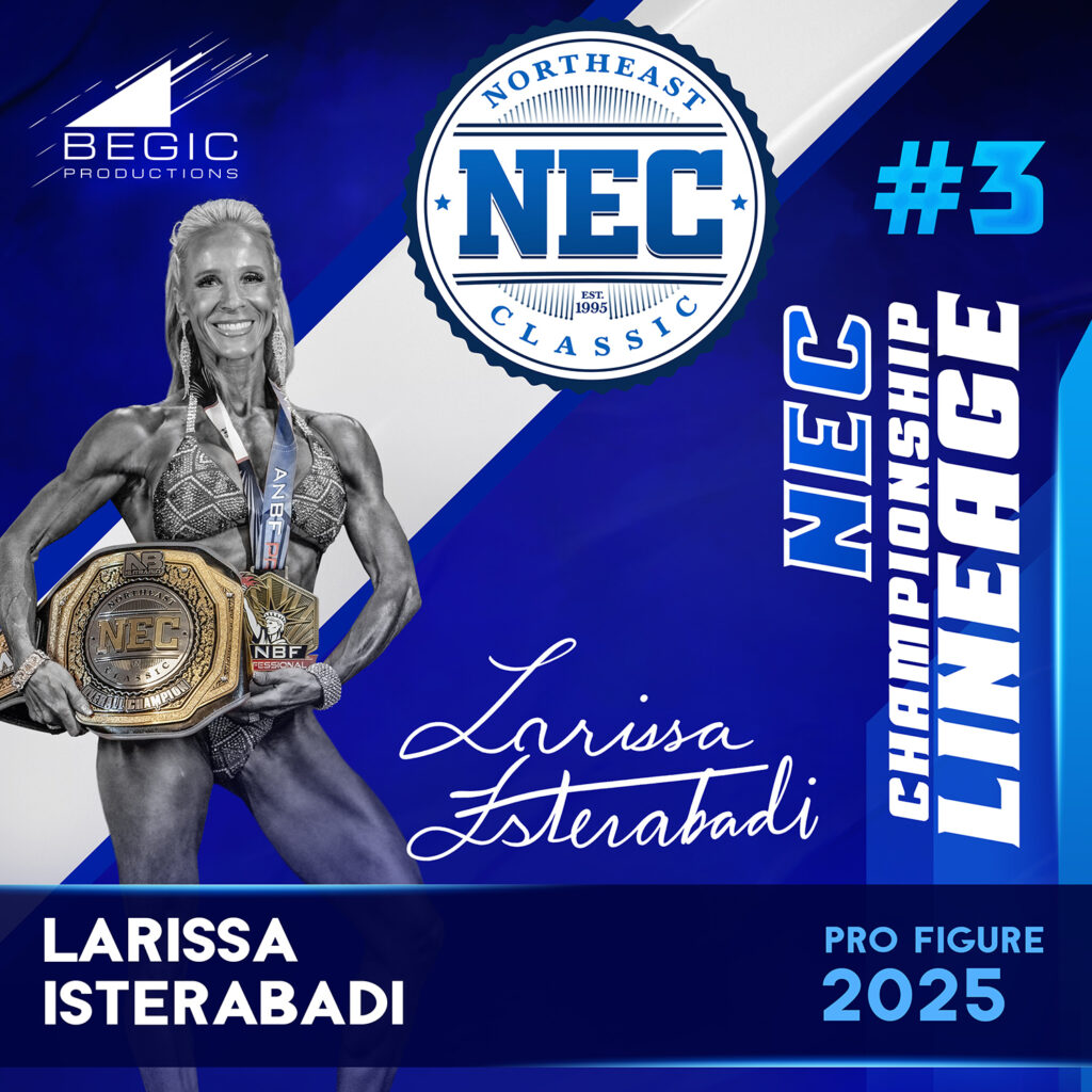 Larissa Isterabadi earns the 2025 NEC Pro Figure Championship Belt at the ANBF Northeast Classic, joining the elite NEC lineage at this iconic natural bodybuilding competition in Massachusetts.