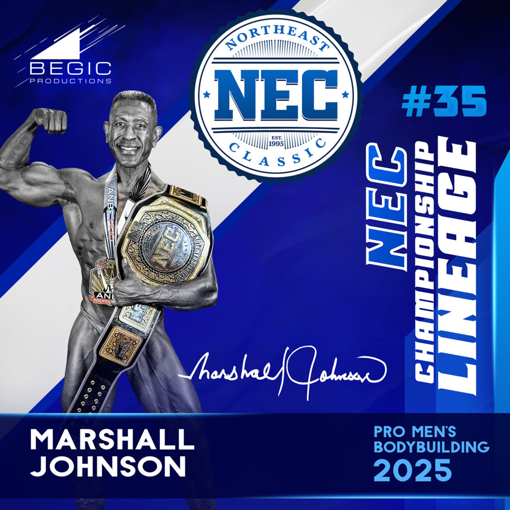 Marshall Johnson wins the 2025 ANBF Northeast Classic Pro Men’s Bodybuilding title, holding the elite NEC Championship Belt, part of the official lineage of this premier natural bodybuilding event in Worcester, Massachusetts.